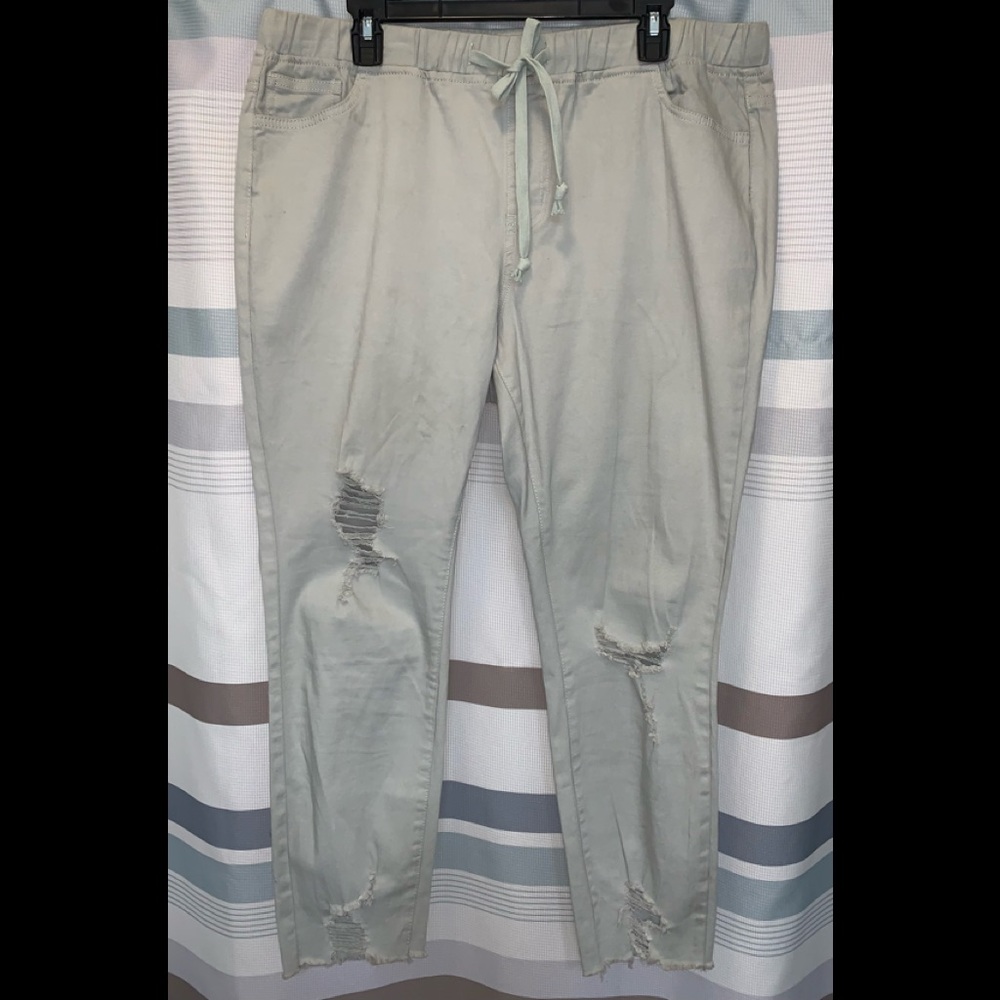 Royalty For Me Distressed Light Green Stretch Pants with Frayed Ankle Hem